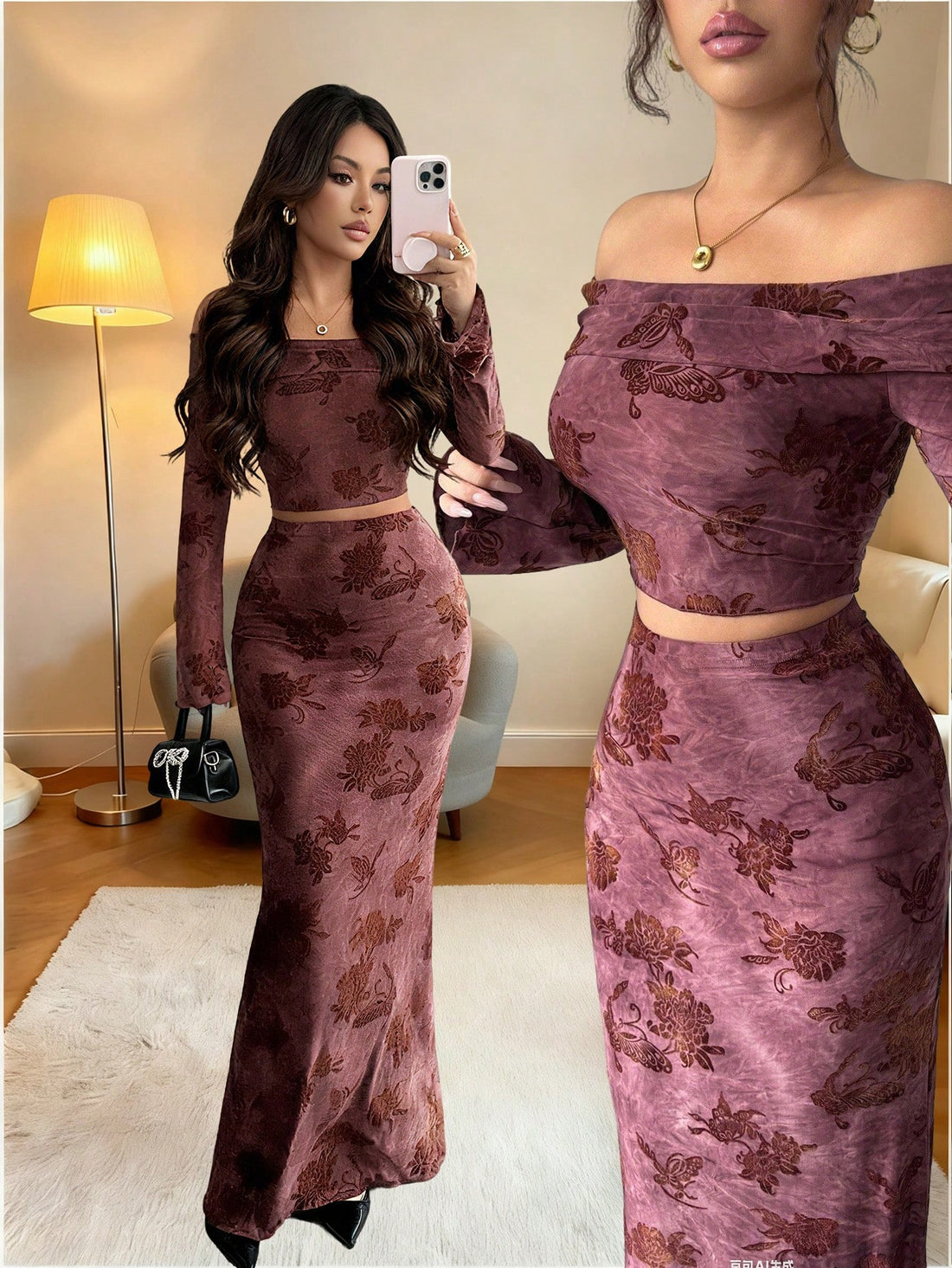 Elevate your party season with this stunning two-piece velvet jacquard set that whispers sophistication without shouting about it. The luxurious fabric drapes beautifully, catching light in all the right ways, while the minimalist design keeps things chic and timeless. Perfect for autumn galas, winter celebrations, or anywhere you want to feel effortlessly elegant. Mix, match, or wear together—this outfit adapts to your vibe as easily as you slip it on. Because sometimes less really is more, especially when