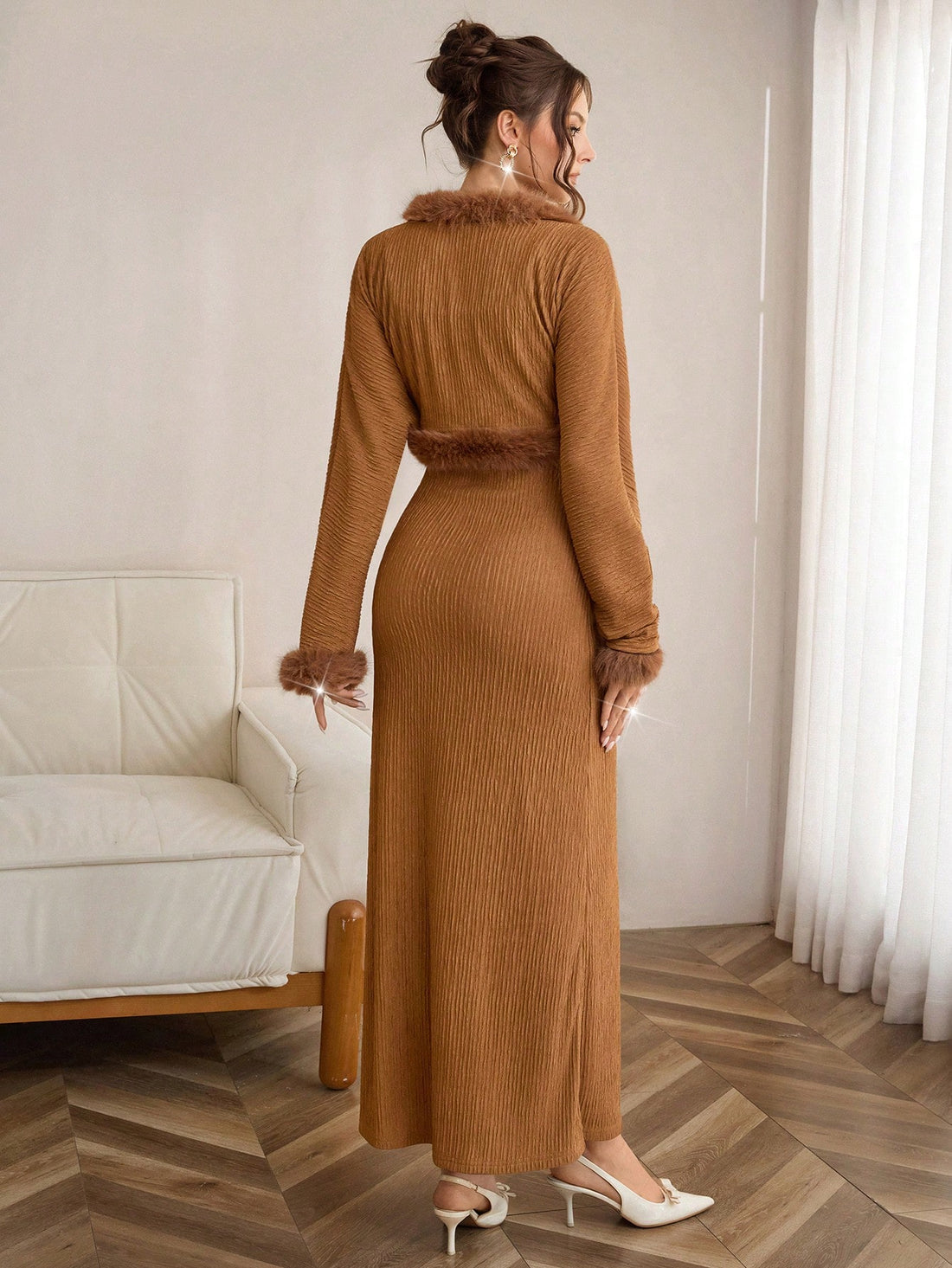 Elevate your event wardrobe with this stunning two-piece ensemble that's pure sophistication with a fun twist. The flowing maxi dress pairs beautifully with a luxe feather jacket, creating an unforgettable silhouette perfect for autumn and winter celebrations. Whether you're heading to a gala, wedding, or night out, this set delivers red-carpet glamour without taking itself too seriously. The feather jacket adds that extra dash of drama and texture, while the maxi dress keeps things timelessly elegant. Dres