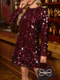 Modeled burgundy long sleeve sequin shift dress front view