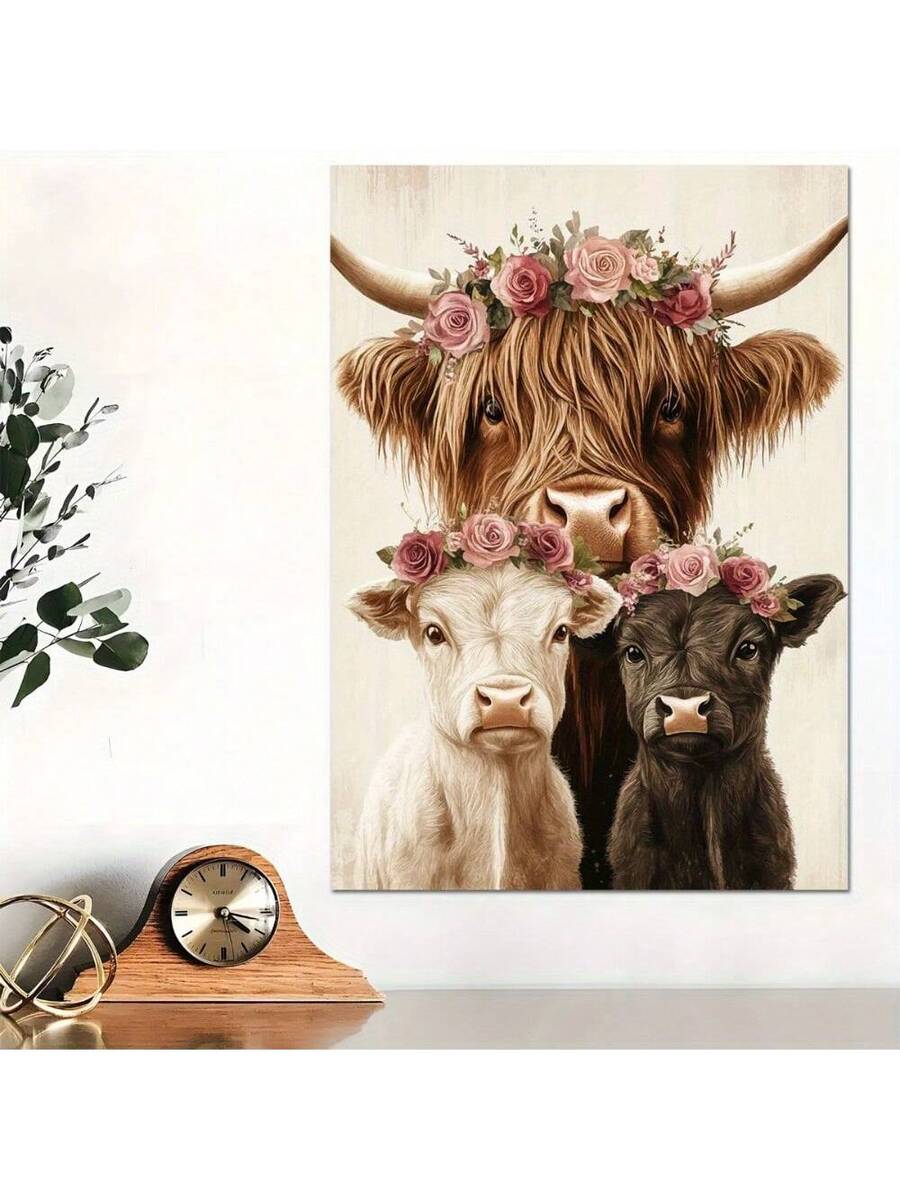 Framed cow and calves canvas on shelf mockup