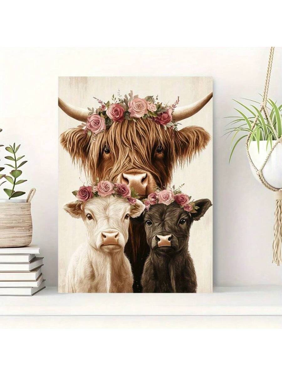 Warm neutral Highland cow artwork on dresser display