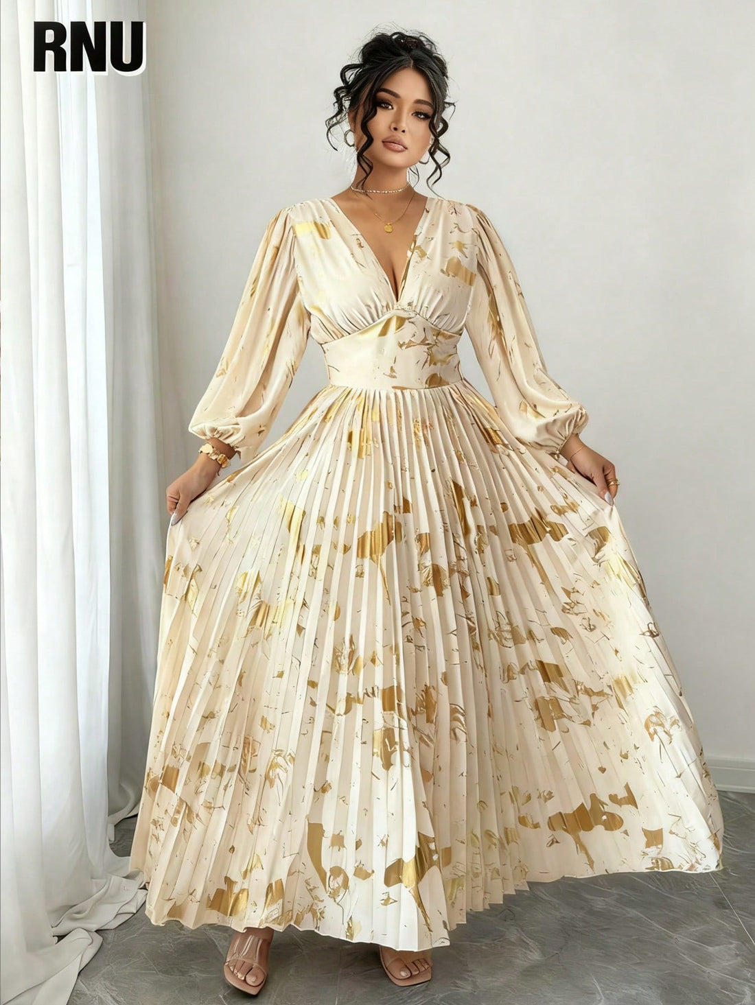 Shine bright like a diamond at your next celebration in this stunning plus-size maxi dress! Crafted from luxurious shiny foil fabric that catches the light with every move, this showstopper features romantic puff sleeves that add a touch of whimsy and elegance. The flowing maxi silhouette flatters your curves while the eye-catching shimmer ensures you'll be the star of any holiday gathering. Perfect for parties, galas, or any occasion where you want to feel absolutely fabulous and unforgettable. Dress up, s