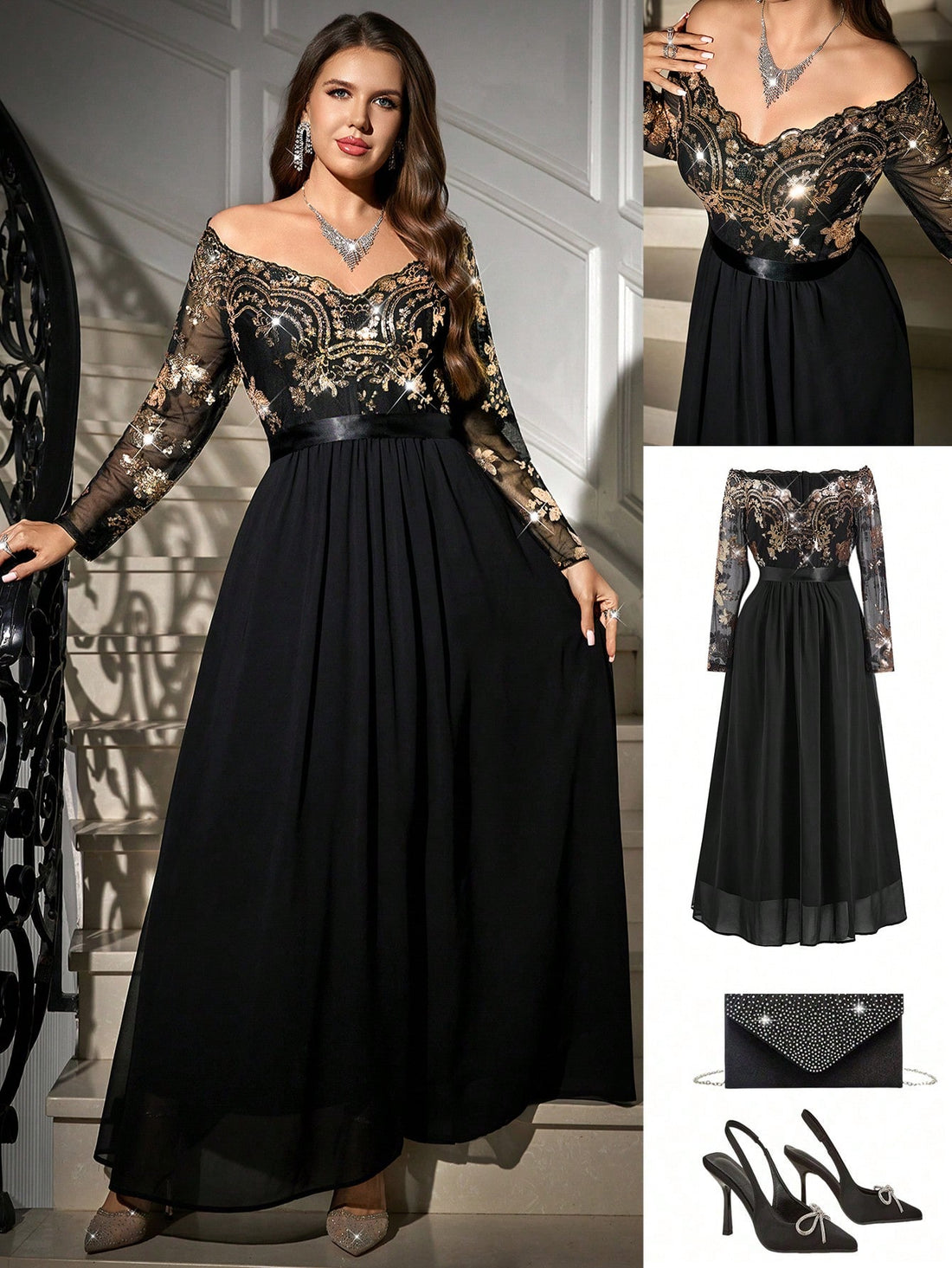 Embrace your curves in this show-stopping dress that's equal parts glamorous and fun! The off-shoulder neckline frames your face beautifully while the floral patchwork adds artistic flair. Sequin accents catch the light with every move, making you the star of any occasion. Designed specifically for plus-size figures, this dress celebrates your body with a flattering silhouette that feels as good as it looks. Perfect for date nights, celebrations, or whenever you want to feel absolutely fabulous and confiden