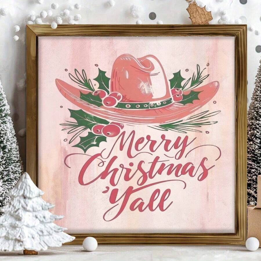 Framed Merry Christmas Yall canvas art on a holiday windowsill