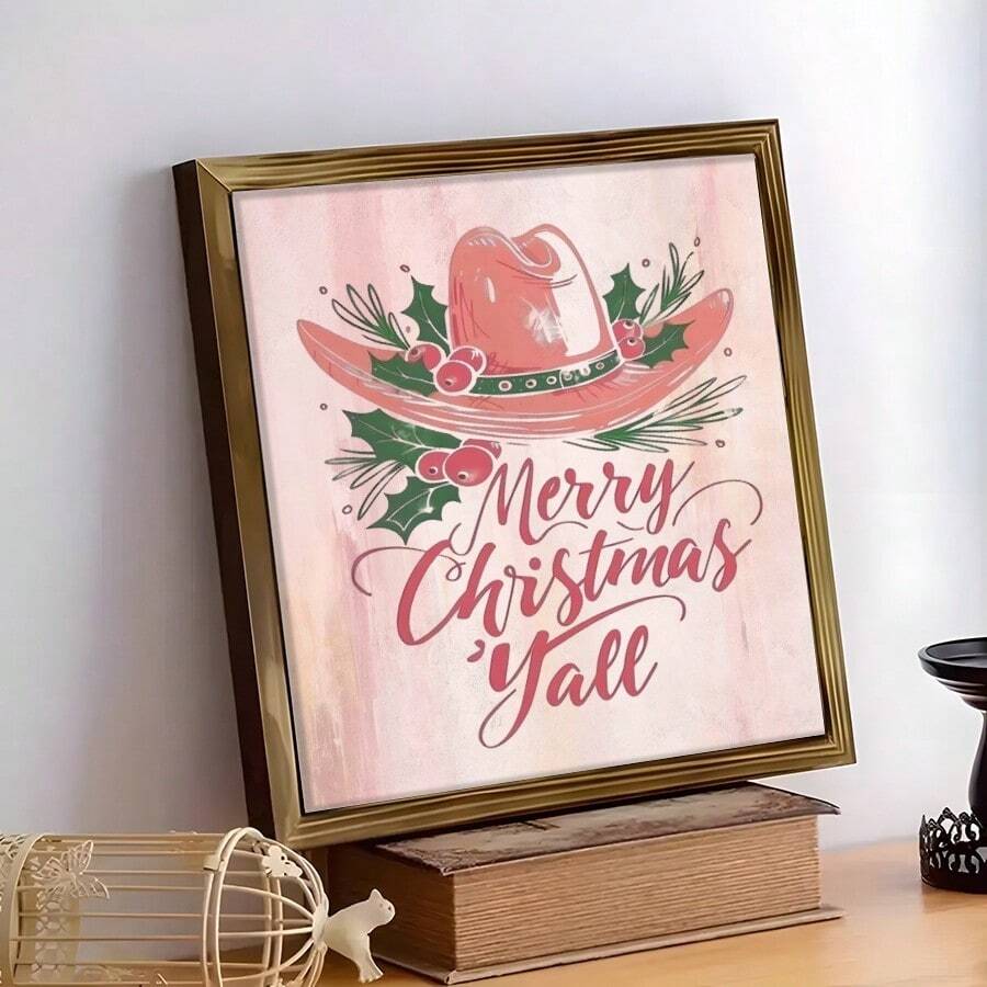 Pink retro Christmas wall art with cowboy hat berries and pine
