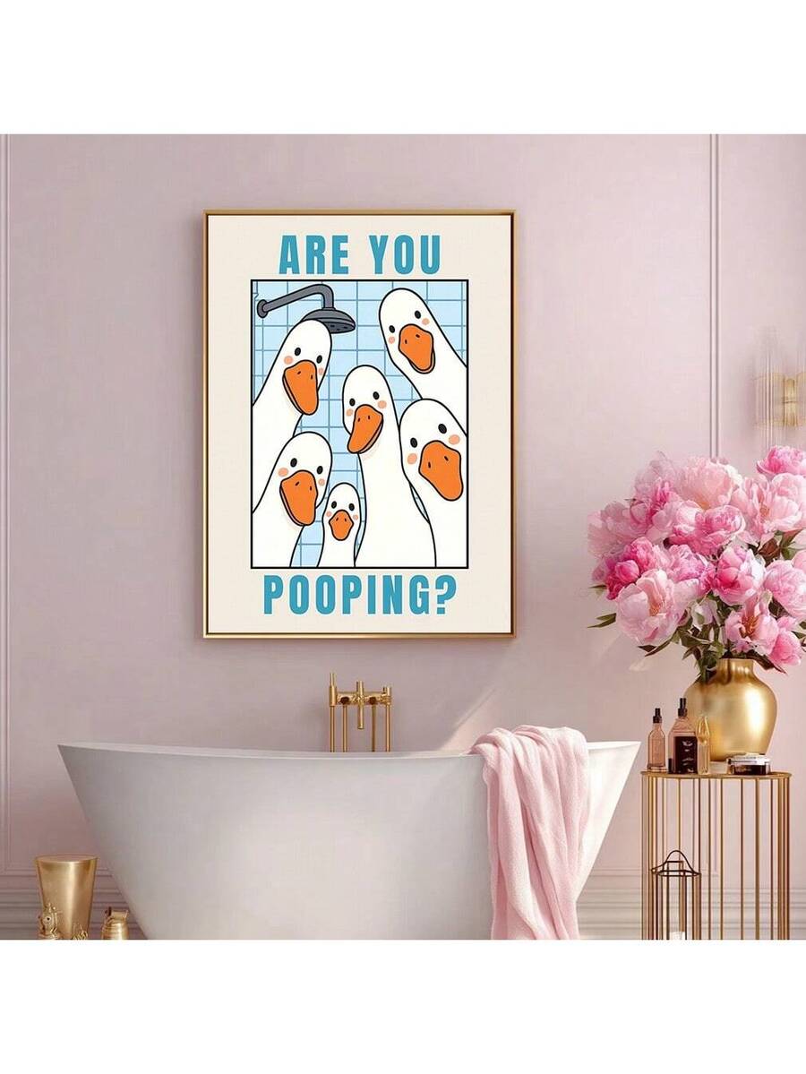 Bring laughter to your bathroom with this quirky goose canvas poster. Featuring a humorous design that celebrates the absurd, this multicolor artwork adds personality and charm to any space. Perfect for bathroom walls, bedrooms, living rooms, or home offices, it's an ideal conversation starter for anyone who appreciates witty, unconventional decor. Printed on quality canvas, this poster transforms ordinary walls into a gallery of good vibes and playful humor.