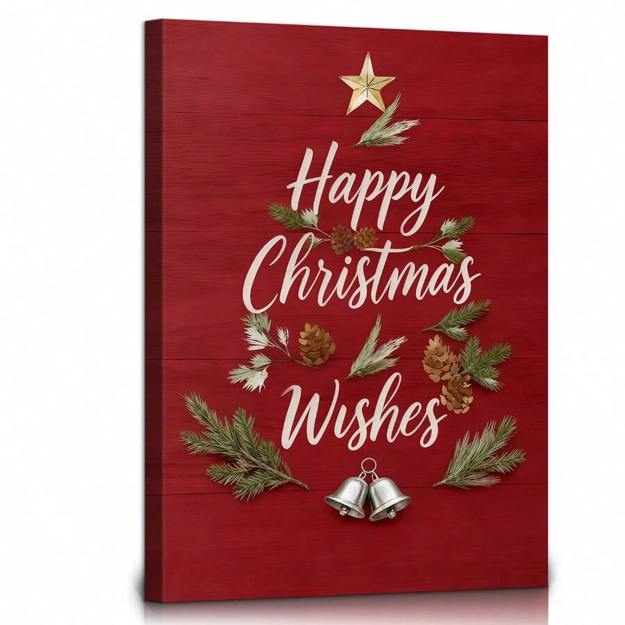 Close-up of rustic red Christmas Wishes wrapped canvas art