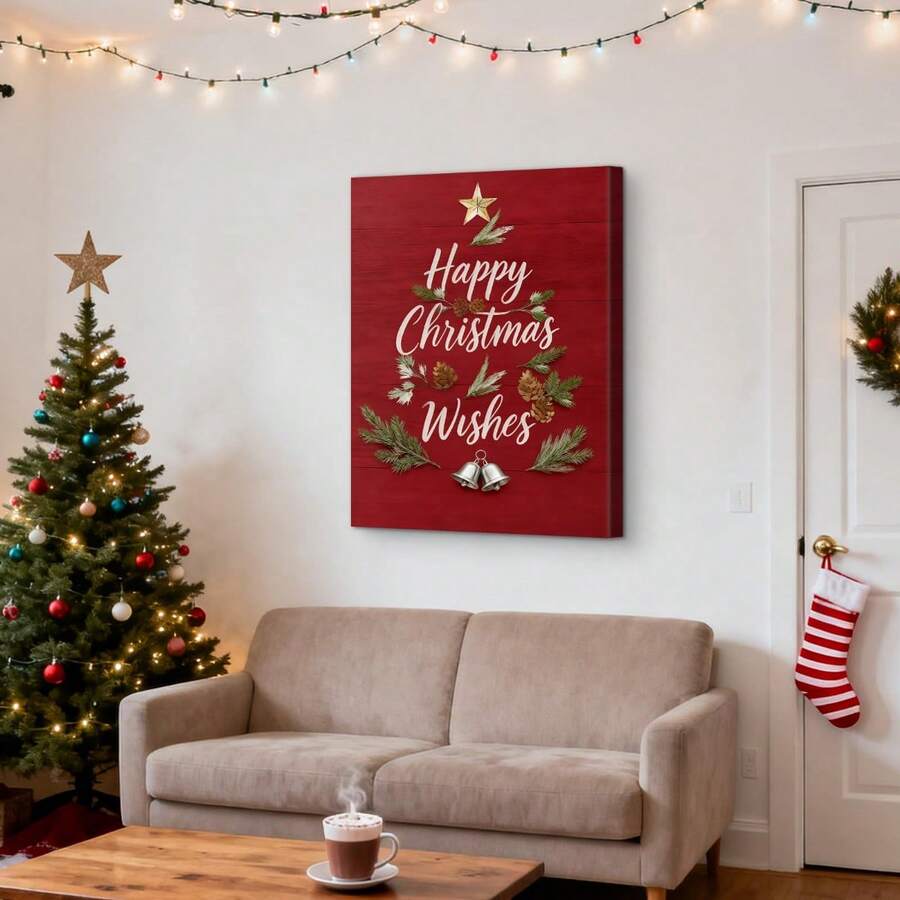 Christmas Wishes canvas wall art with pinecones and bells in a living room