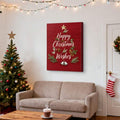 Christmas Wishes canvas wall art with pinecones and bells in a living room