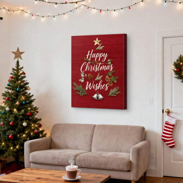 Christmas Wishes canvas wall art with pinecones and bells in a living room
