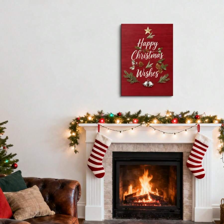 Christmas Wishes wrapped canvas wall art above a fireplace