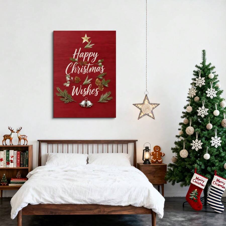 Red Christmas Wishes canvas wall art in a bedroom setting
