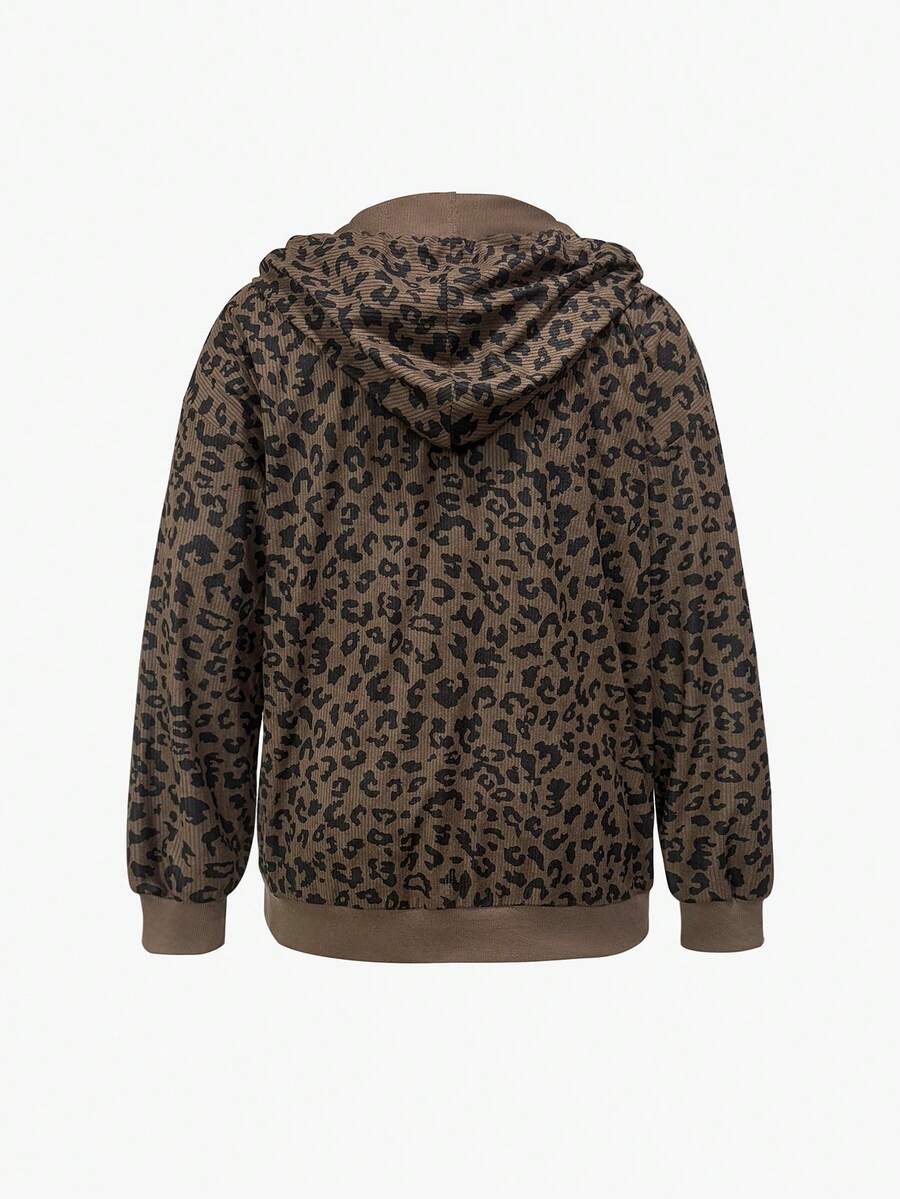 Back catalog view of brown leopard-print hooded pullover with long sleeves and rib-knit hem