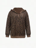 Front catalog view of women’s leopard-print half-zip hoodie with corduroy-like ridged texture