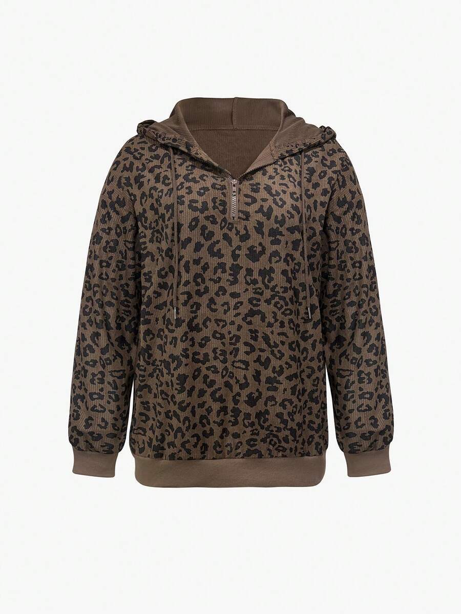 Front catalog view of women’s leopard-print half-zip hoodie with corduroy-like ridged texture