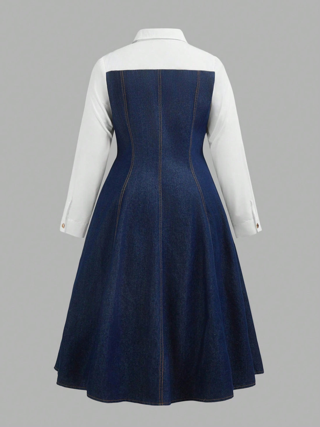 Elevate your seasonal wardrobe with this eye-catching denim dress that celebrates bold color blocking in classic blue and white. Perfect for autumn gatherings and winter festivities, this plus-size style combines timeless denim durability with a modern, playful aesthetic. The striking contrast panels create a flattering silhouette while the versatile color palette pairs effortlessly with your favorite accessories. Whether you're heading to a holiday party or casual weekend outing, this dress delivers comfor