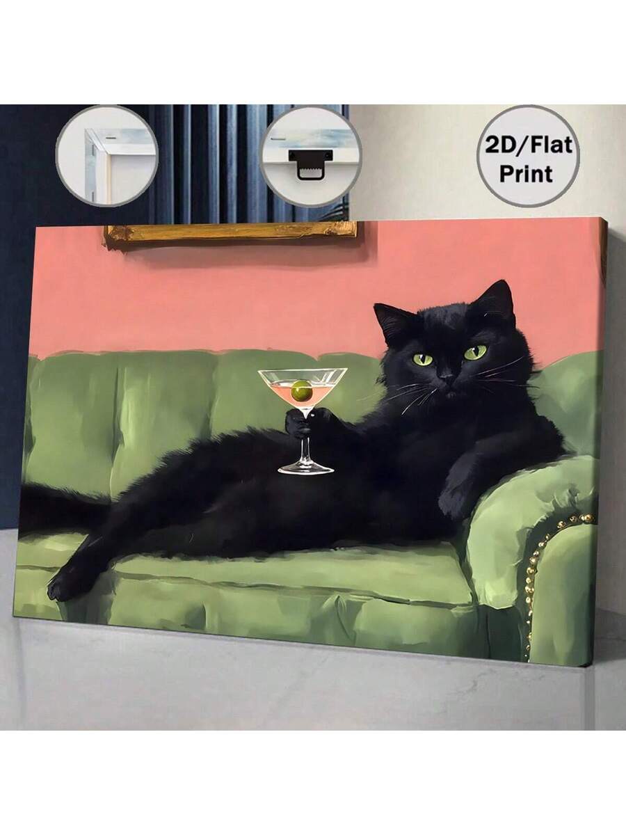 Bring whimsical charm to your space with this vintage-inspired black cat canvas art. Perfect for cat lovers and modern home enthusiasts, this playful piece features a relaxed feline lounging on a sofa with a contemporary twist. The soft, muted color palette and artistic style complement living rooms, bedrooms, and creative spaces effortlessly. High-quality canvas construction ensures durability and vibrant colors that won't fade.  r