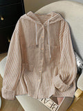 Detail view of Elegant Plus Size Striped Hooded Shirt  for Summer and Autumn - Lightweight & Stylish for everyday styling