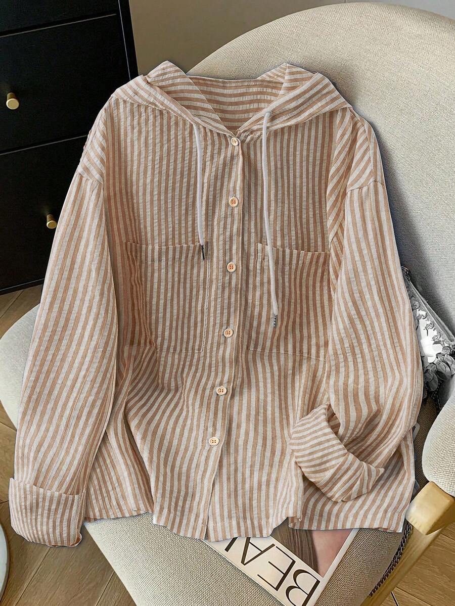 Detail view of Elegant Plus Size Striped Hooded Shirt  for Summer and Autumn - Lightweight & Stylish for everyday styling