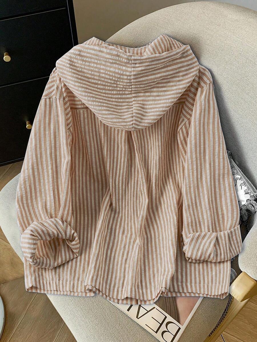 Detail view of Elegant Plus Size Striped Hooded Shirt  for Summer and Autumn - Lightweight & Stylish for everyday styling