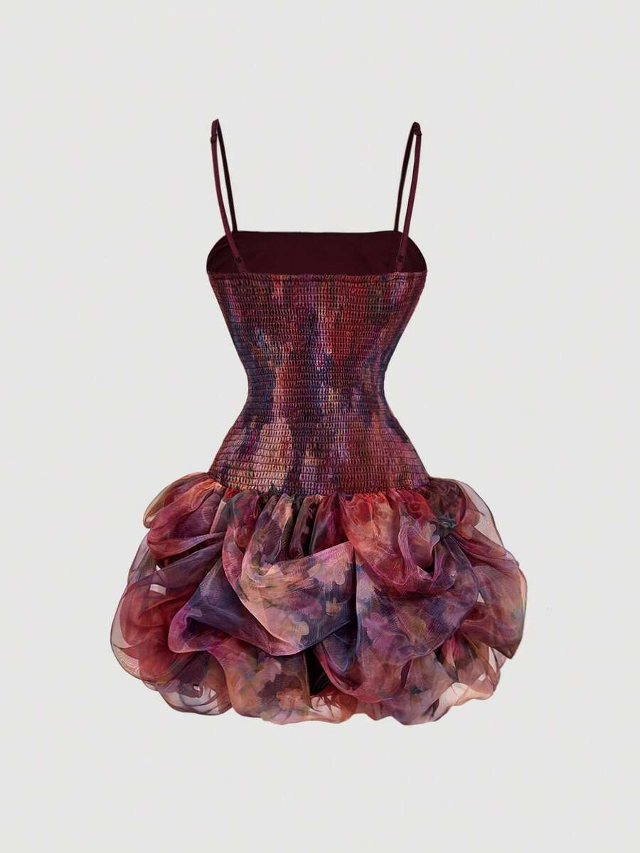 Front view of multicolor ruched corset mini dress with layered bubble hem