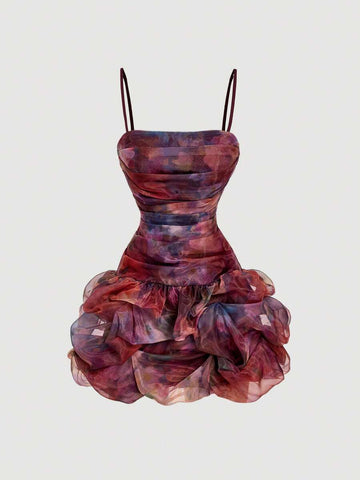 Front view of multicolor ruched corset mini dress with layered bubble hem