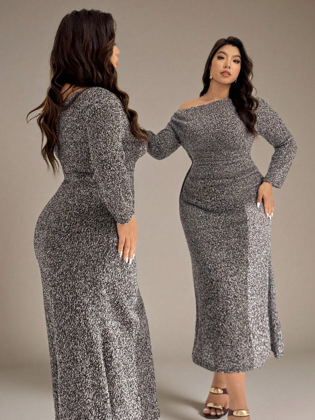 Turn heads at your next event in this show-stopping sweater dress! Featuring an eye-catching asymmetric shoulder design and luxurious thick tweed fabric, this piece combines cozy comfort with undeniable elegance. The fluffy bodycon silhouette hugs your curves beautifully while the flowing mermaid maxi hem creates dramatic movement with every step. Perfect for autumn and winter parties, holiday celebrations, or any occasion calling for a touch of glamour. Dress it up with heels and statement jewelry for maxi