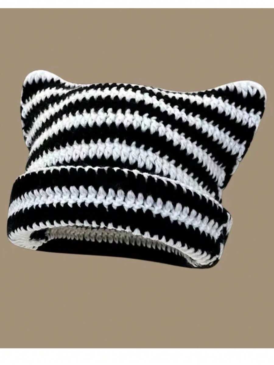 Black and white striped Y2K crochet beanie with pointed ears