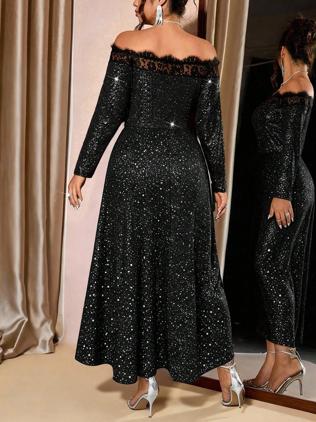 Slip into sophistication with this stunning plus-size maxi dress, designed to turn heads at every autumn and winter celebration. The fitted silhouette flatters your curves while the delicate lace trim adds a touch of romance and refinement. An asymmetric shoulder detail brings modern flair to this timeless piece, creating an effortlessly chic look that transitions seamlessly from cocktail parties to formal gatherings. Comfortable, confident, and undeniably elegant—this dress is your new go-to for making a m