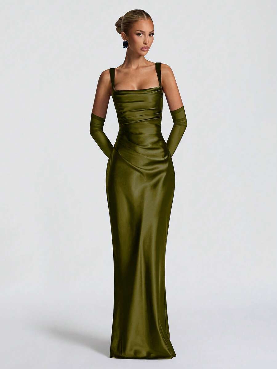 Close front view of navy square-neck satin evening gown with ruched bust and fitted waist