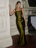 Rear view of olive satin gown showing corset-style lace-up back and long skirt