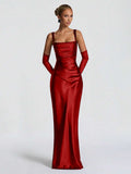 Rear full-length view of brown satin gown with lace-up corset back
