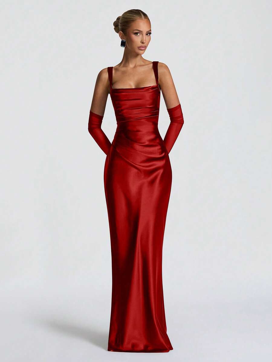Rear full-length view of brown satin gown with lace-up corset back