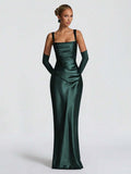 Rear view of plum satin gown showing adjustable straps and lace-up back panel