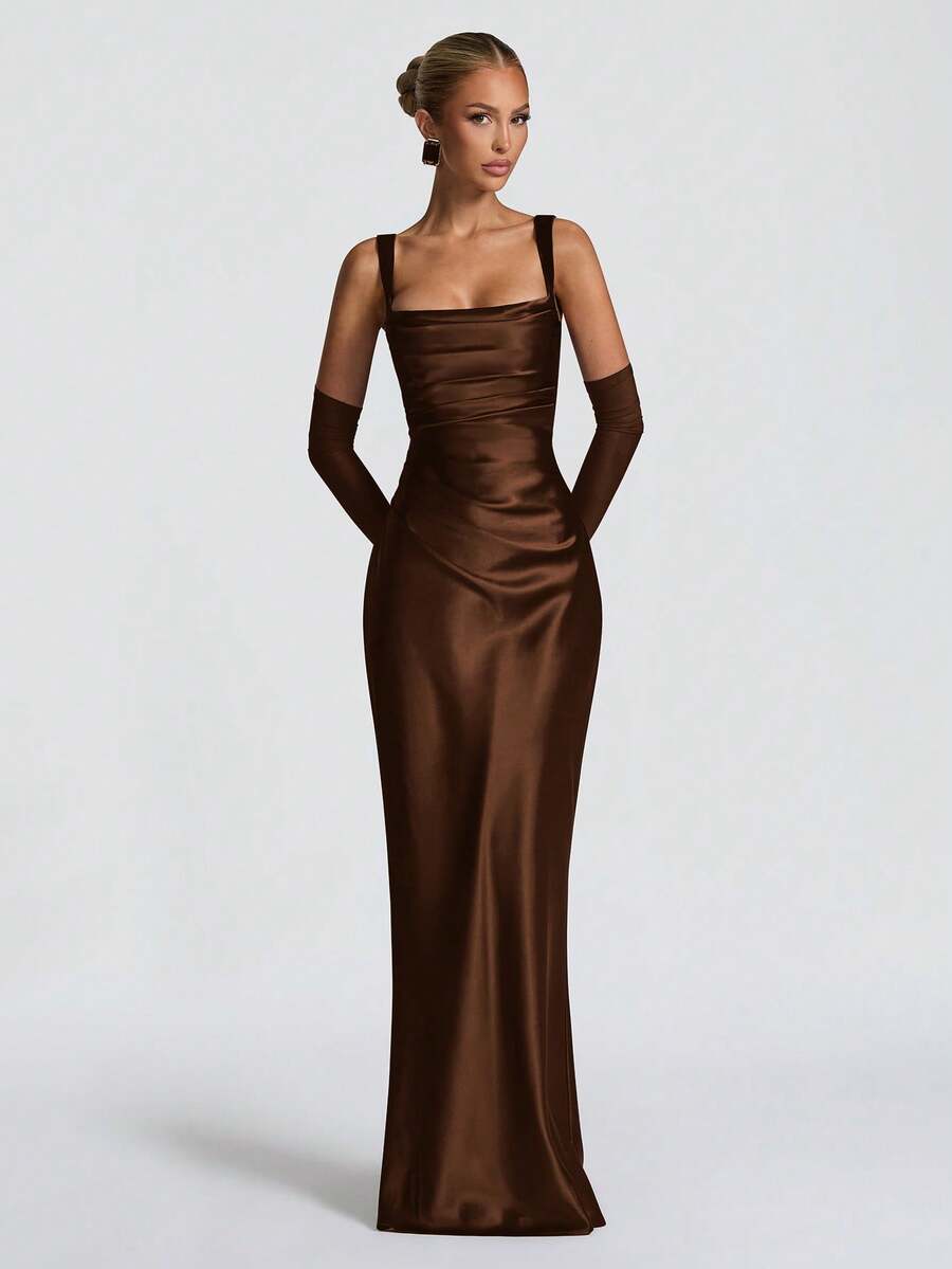 Full-length front view of brown satin evening gown with square neckline and matching gloves