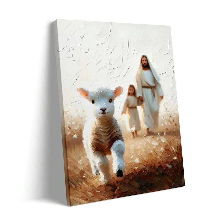 Close-up of textured gallery-wrapped Jesus and lamb canvas art