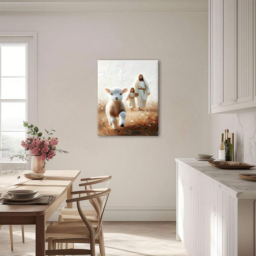 Jesus and lamb canvas wall art displayed in a dining kitchen