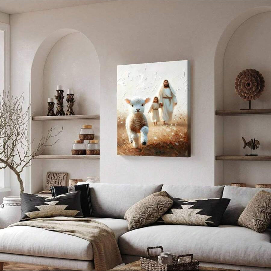 Gallery-wrapped Jesus and lamb canvas wall art above a console table
