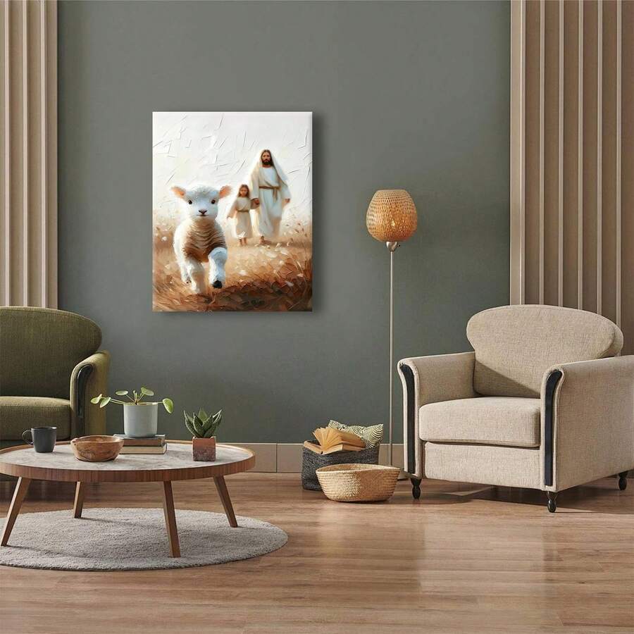 Christian Jesus and lamb canvas art on a sitting room wall