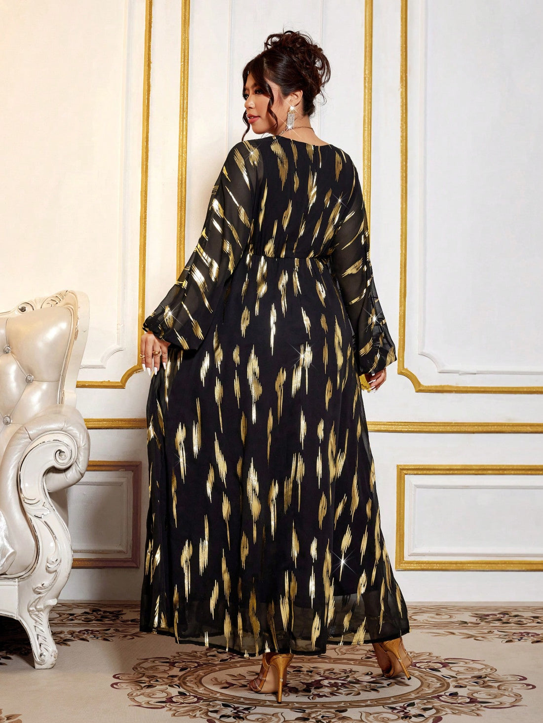 Slip into sophistication with this stunning plus-size chiffon dress that's equal parts glamorous and comfortable. The flattering V-neckline and cinched waist create an hourglass silhouette, while the flowing A-line skirt glides beautifully with every step. Shimmering foil detailing catches the light for that extra touch of sparkle, making it perfect for special occasions or when you want to feel absolutely fabulous. Effortlessly elegant, undeniably you.