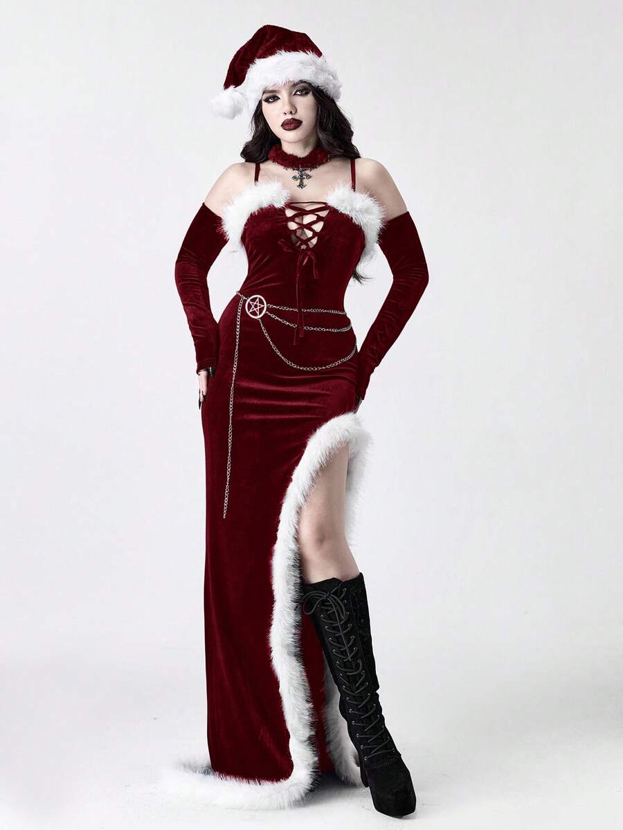 Full front view of burgundy gothic velvet maxi dress with lace-up bodice and fur-trimmed slit