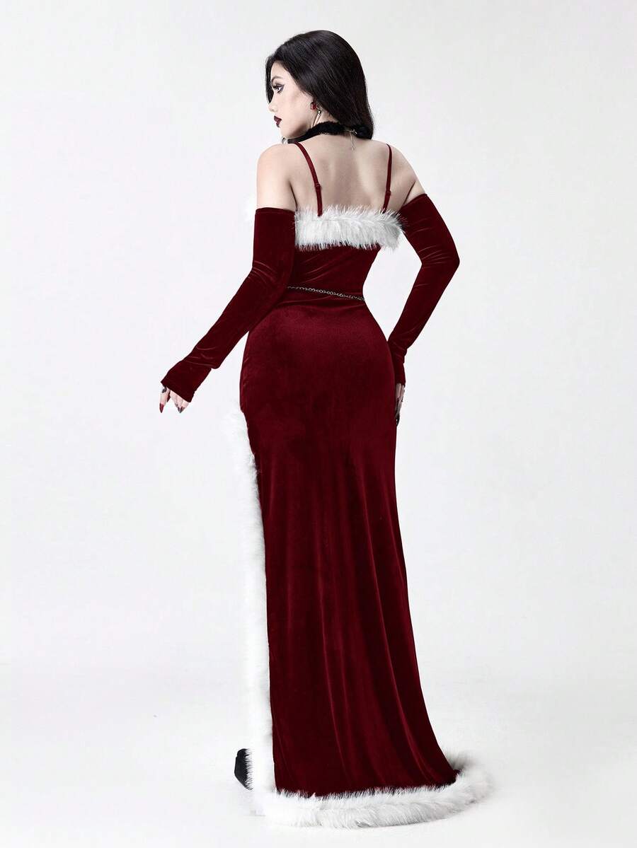 Back view of burgundy gothic velvet maxi dress with spaghetti straps and faux fur trim