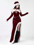 Front view of burgundy gothic velvet maxi dress with separate long arm sleeves and high slit