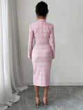 Pink tweed two piece blazer and sleeveless bodycon midi dress set