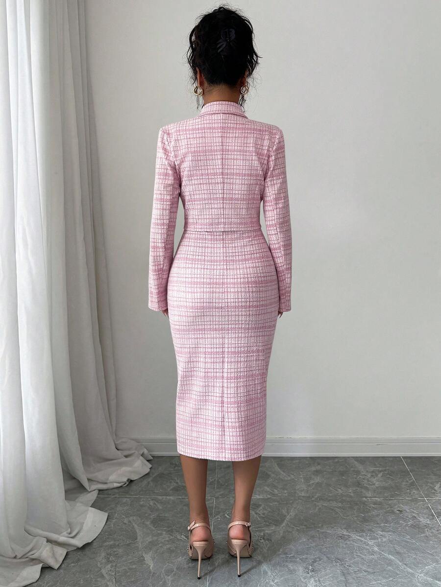 Pink tweed two piece blazer and sleeveless bodycon midi dress set