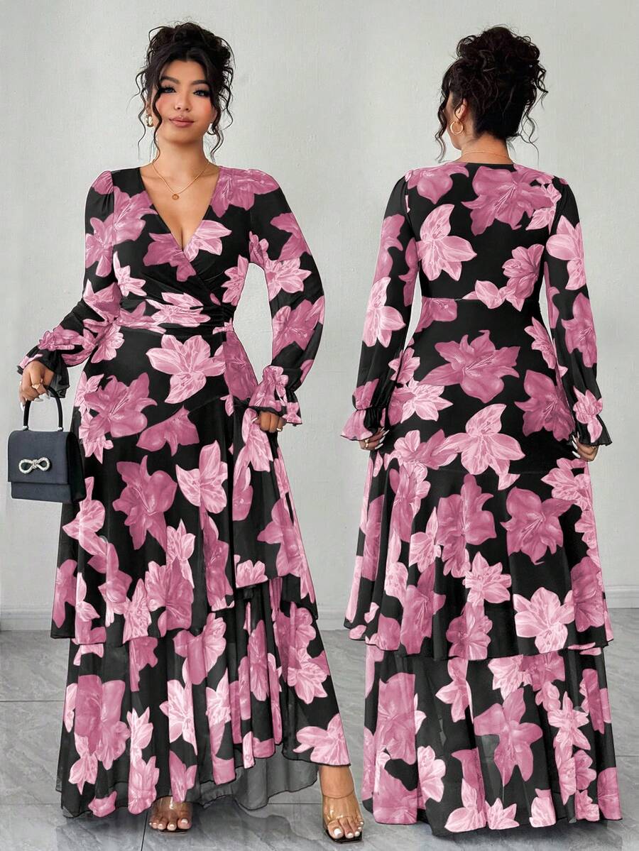 Embrace the season in this charming plus-size floral dress that celebrates curves with style. The vibrant autumn-inspired print brings warmth and personality to your wardrobe, while the cinched waist creates a flattering silhouette that hugs in all the right places. High-stretch fabric moves with you throughout your day, offering comfort without compromise. The delicate ruffle hem adds a playful touch of femininity that twirls beautifully with every step. Perfect for casual outings, seasonal gatherings, or 