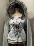 Front view of light grey hooded jacket with rose sword graphic and faux-fur trim