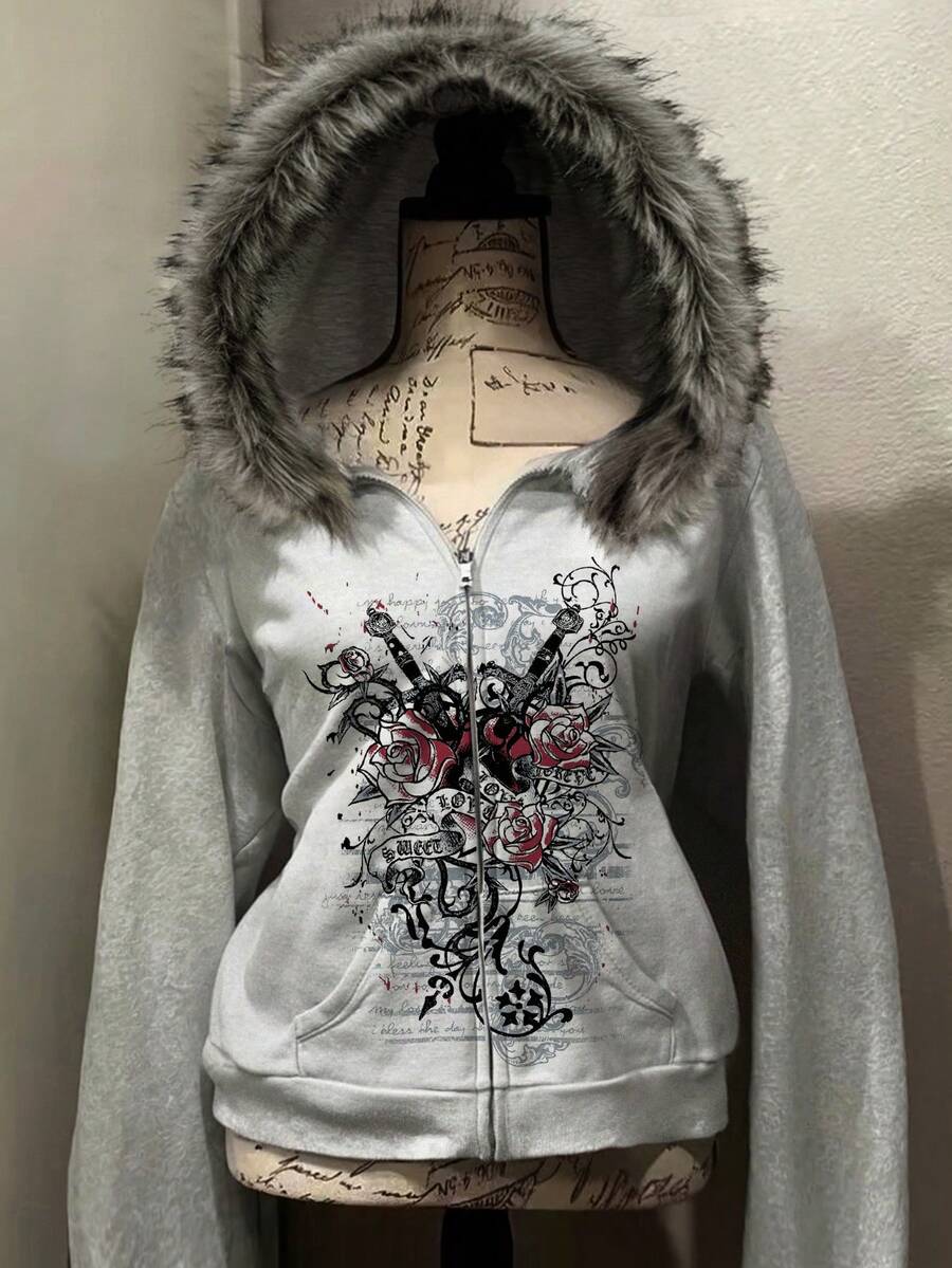 Front view of light grey hooded jacket with rose sword graphic and faux-fur trim