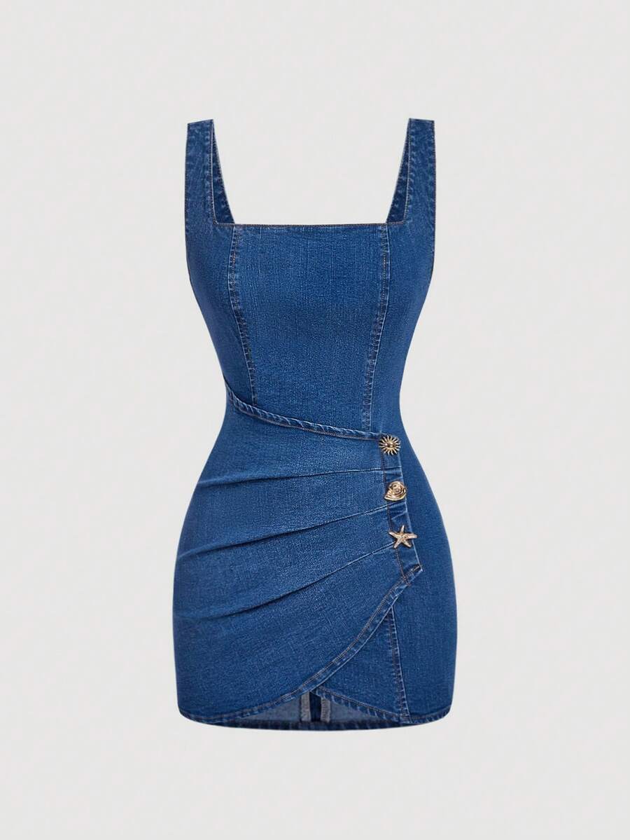 Effortless style meets modern edge with this sleeveless denim dress. The pleated design adds dimension and movement, while the asymmetric hem creates an on-trend silhouette that flatters every frame. Crafted from quality denim, it's versatile enough for casual outings or dressed up for evening plans. Perfect for women who want to make a statement without trying too hard.