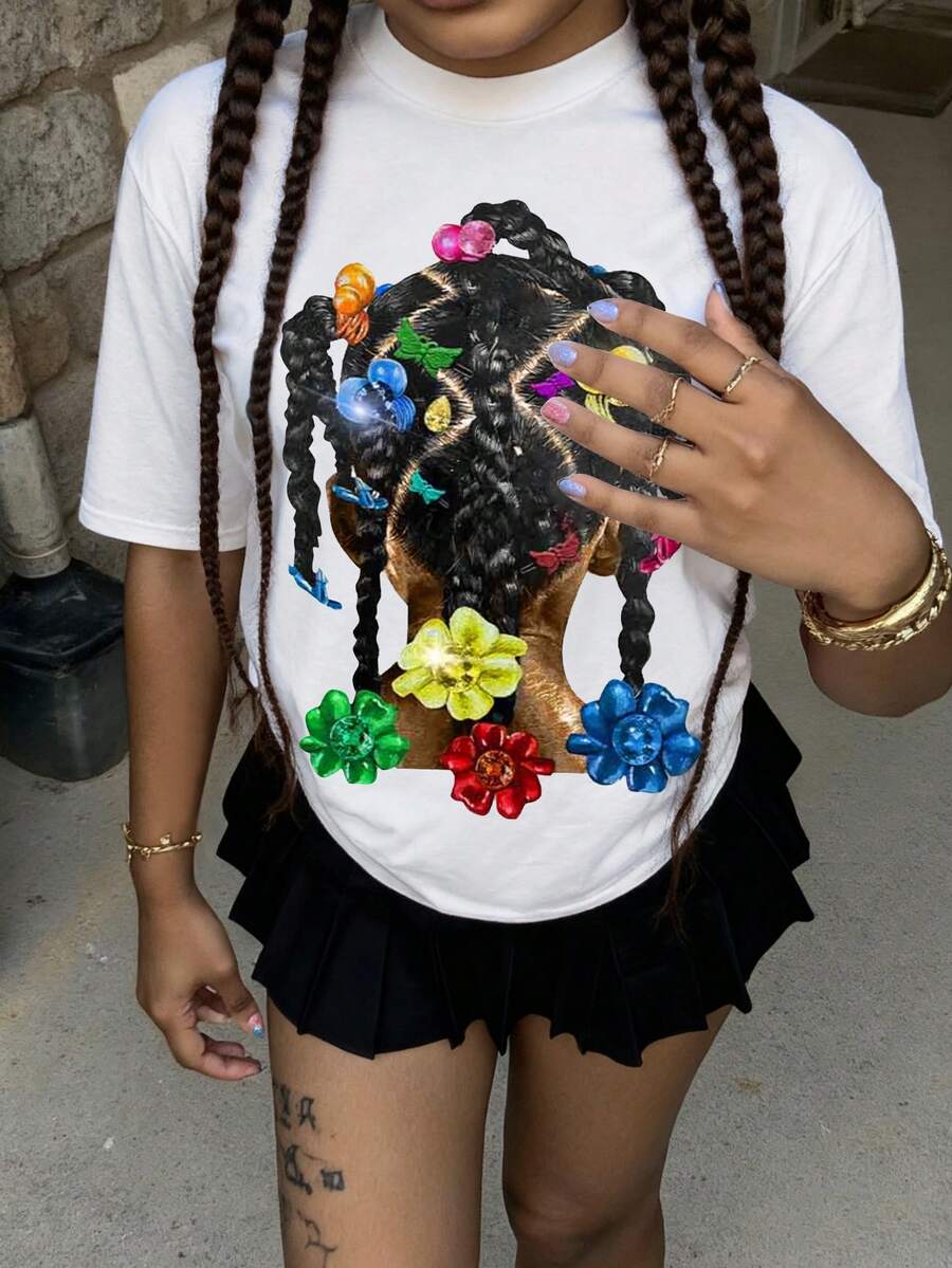 Image 5 - fabric detail of Summer Street Style Abstract Graphic Print Short Sleeve T-Shirt